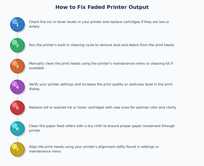 Step-by-step process diagram for diagnosing and fixing faded printer output