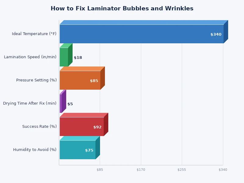 Bar chart comparing frequency of laminator defect causes including temperature, feed speed, pouch thickness, and dirty rollers