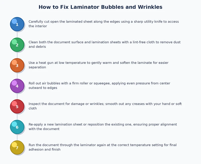 Step-by-step process diagram for fixing laminator bubbles and wrinkles: preheat, use carrier, feed straight, re-run, cool flat