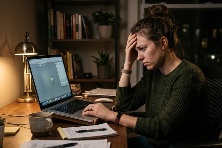 A frustrated person sitting at a desk staring at a frozen laptop screen showing an unresponsive application. The room is softly lit with a desk lamp.