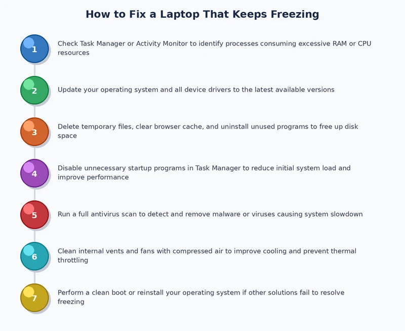 Step-by-step process diagram for diagnosing why a laptop keeps freezing and selecting the correct fix
