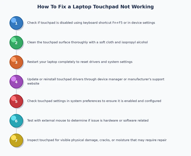 Step-by-step process diagram for diagnosing and fixing a laptop touchpad not working