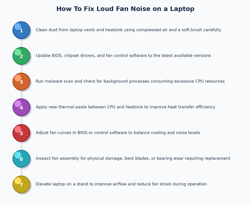 Step-by-step process diagram for laptop fan noise fix — cleaning and software steps