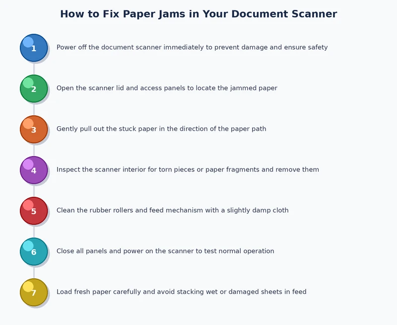 Step-by-step process diagram for safely clearing a paper jam in a document scanner ADF