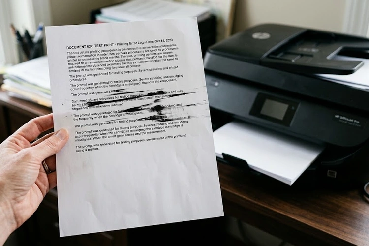 printer ink smearing on paper fix — close-up of smeared inkjet printout on desk