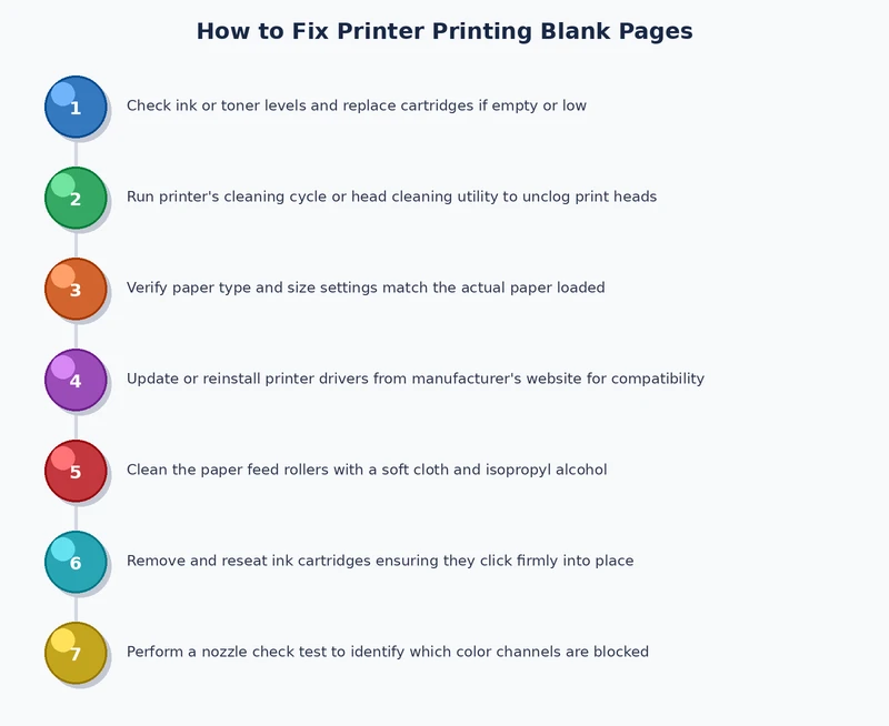 step-by-step process diagram for printer printing blank pages fix troubleshooting workflow