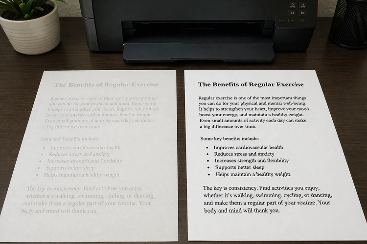 printer printing faded text fix — close-up of light ink output on white paper