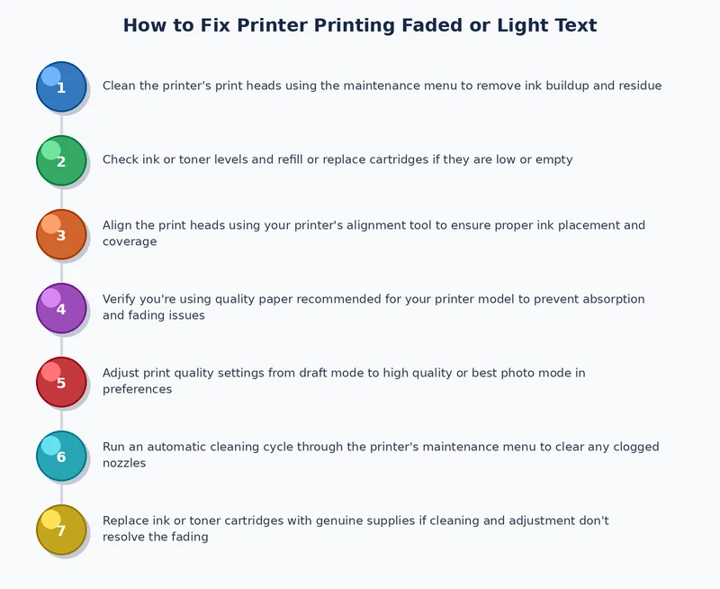 step-by-step process diagram for fixing printer printing faded text