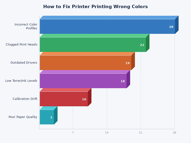 Bar chart showing most common causes of printer printing wrong colors and their frequency