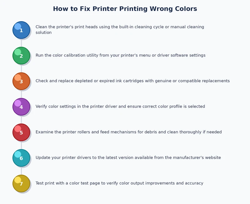 Step-by-step process diagram for printer printing wrong colors fix from diagnosis to resolution