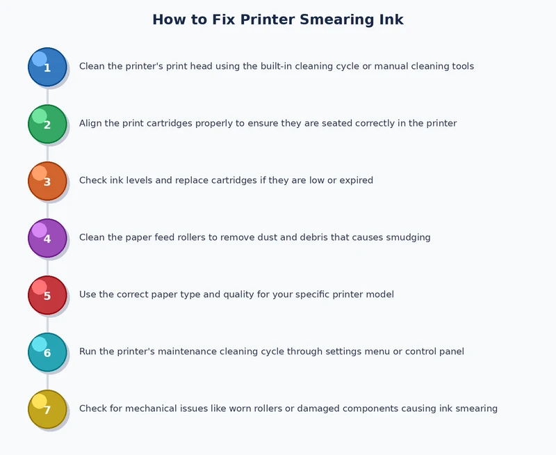 step-by-step process diagram for diagnosing and fixing printer smearing ink