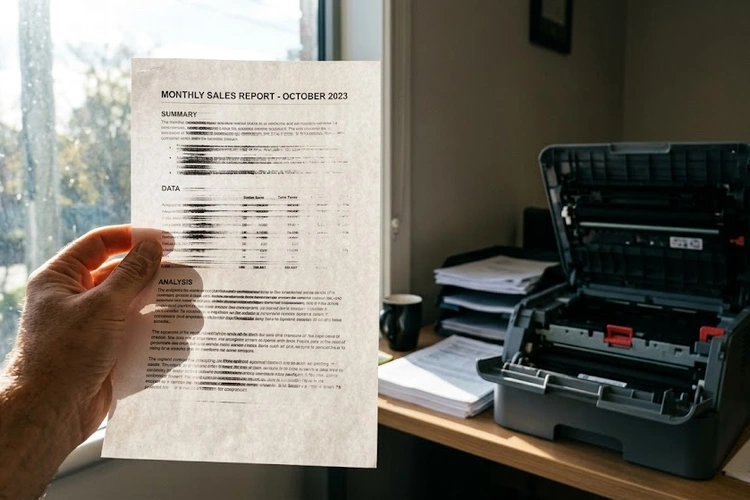 Close-up of printer streaks and lines on printed pages showing horizontal banding and ink gaps
