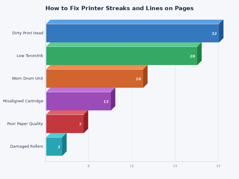 Bar chart showing the most common causes of printer streaks and lines on printed pages by frequency