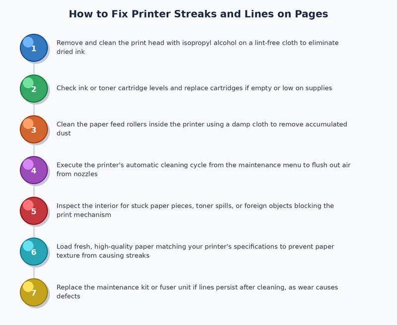 Step-by-step process diagram for diagnosing and fixing printer streaks and lines on printed pages
