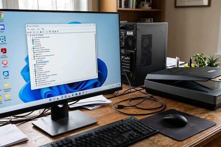 Scanner not detected on Windows — USB cable connected to flatbed scanner and laptop