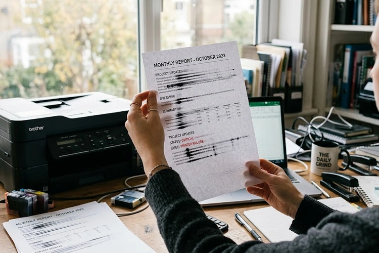 close-up of smeared ink on printed pages showing printer ink smearing on paper fix issue