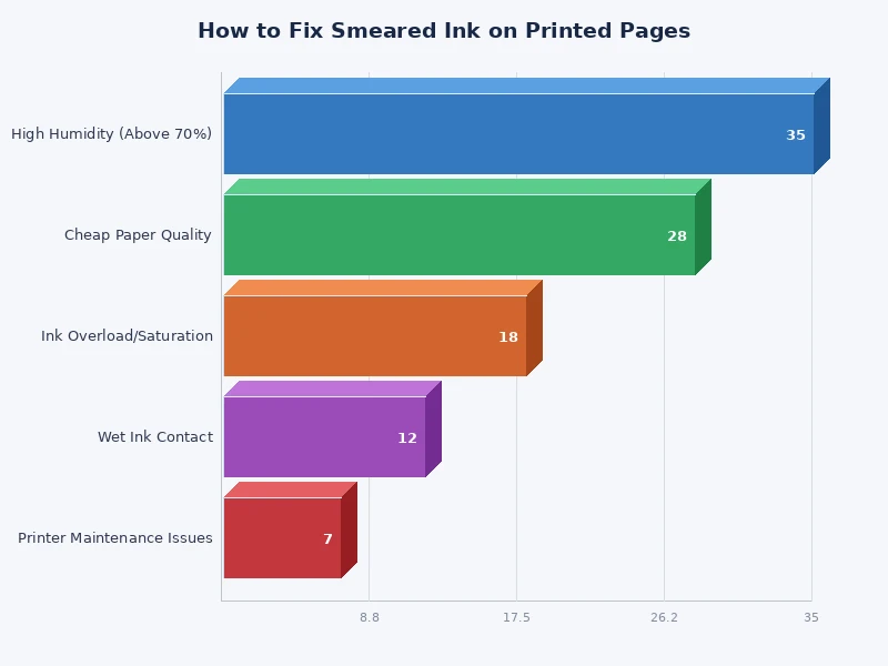 bar chart comparing frequency of printer ink smearing on paper fix causes across inkjet and laser printers