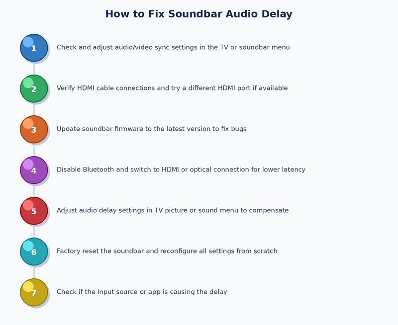 step-by-step process diagram for soundbar audio delay fix troubleshooting flow