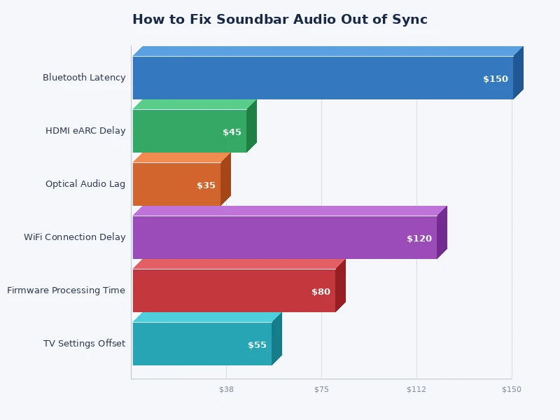 chart showing audio delay ranges by soundbar connection type
