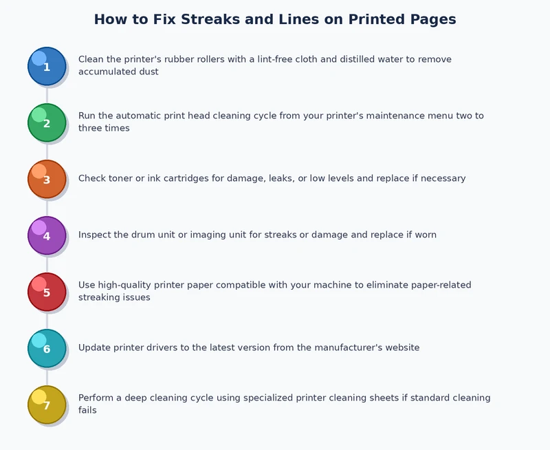step-by-step process diagram for diagnosing and fixing printer streaks and lines