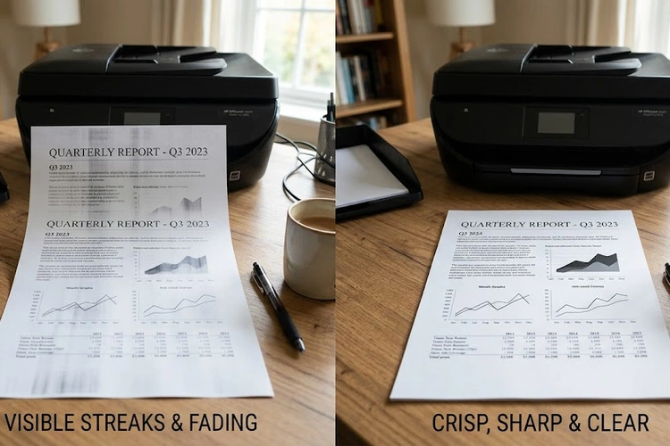 printer printing streaky faded lines fix — side by side comparison of streaky print output and clean print output
