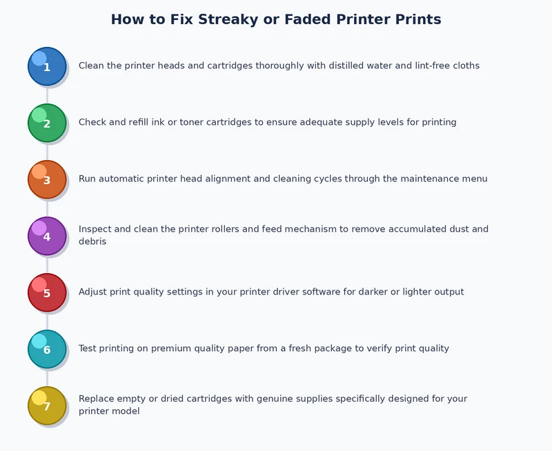 step-by-step process diagram for diagnosing and fixing printer streaky faded lines