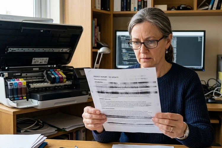 A printed document showing horizontal streaks and lines across the text, held up by a person examining it in a home office. An open inkjet printer with visible print heads is shown in the background.