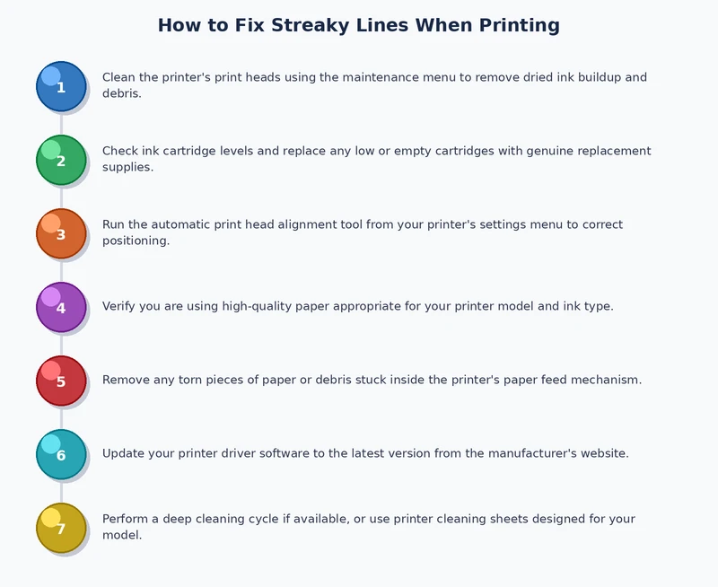 step by step process diagram for diagnosing and fixing printer printing streaky lines