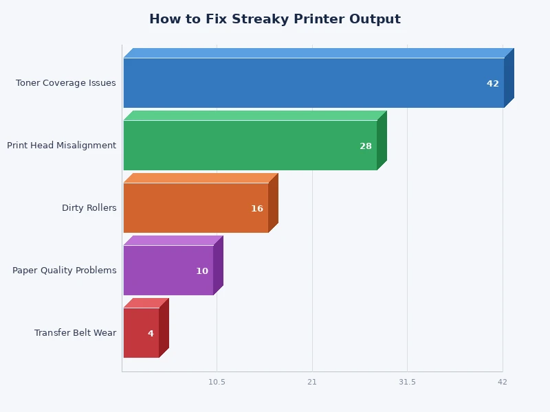 Bar chart showing frequency of causes behind streaky printer output including clogged nozzles, low ink, dirty drum, and fuser issues