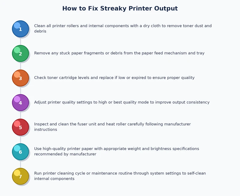 Step-by-step process diagram for diagnosing and fixing streaky printer output on inkjet and laser printers
