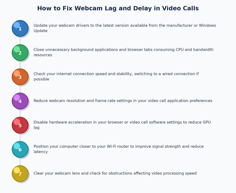step-by-step process diagram for diagnosing and fixing webcam lag on Windows and Mac