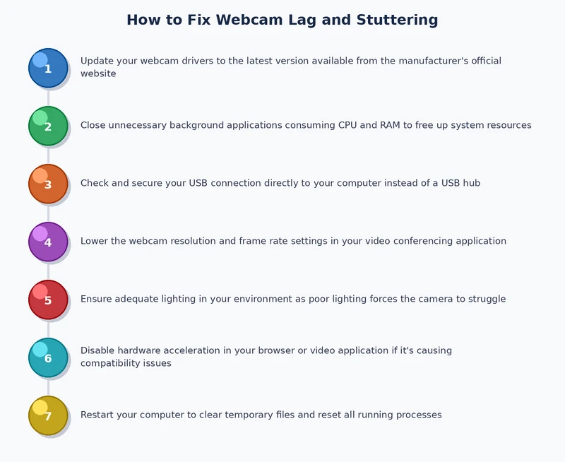 Step-by-step process diagram for diagnosing and fixing webcam lag