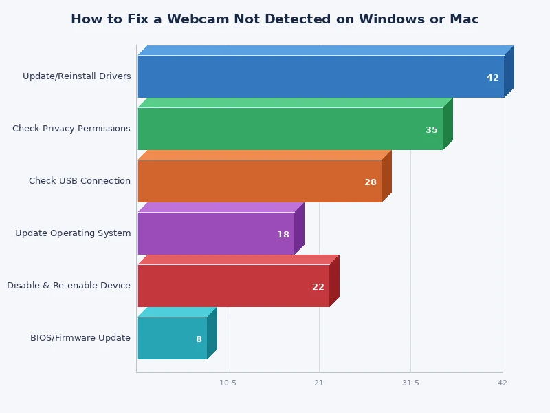 chart showing frequency of webcam not detected causes including drivers USB ports and privacy settings