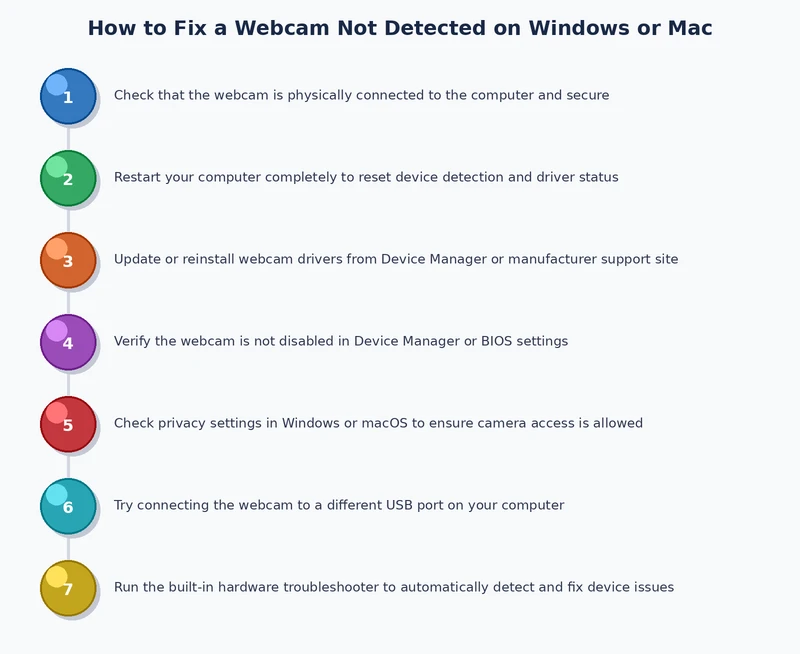step by step process diagram for diagnosing and fixing webcam not detected on Windows and Mac