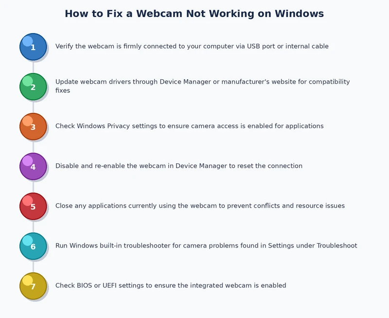 Step-by-step process diagram for fixing webcam not working on Windows