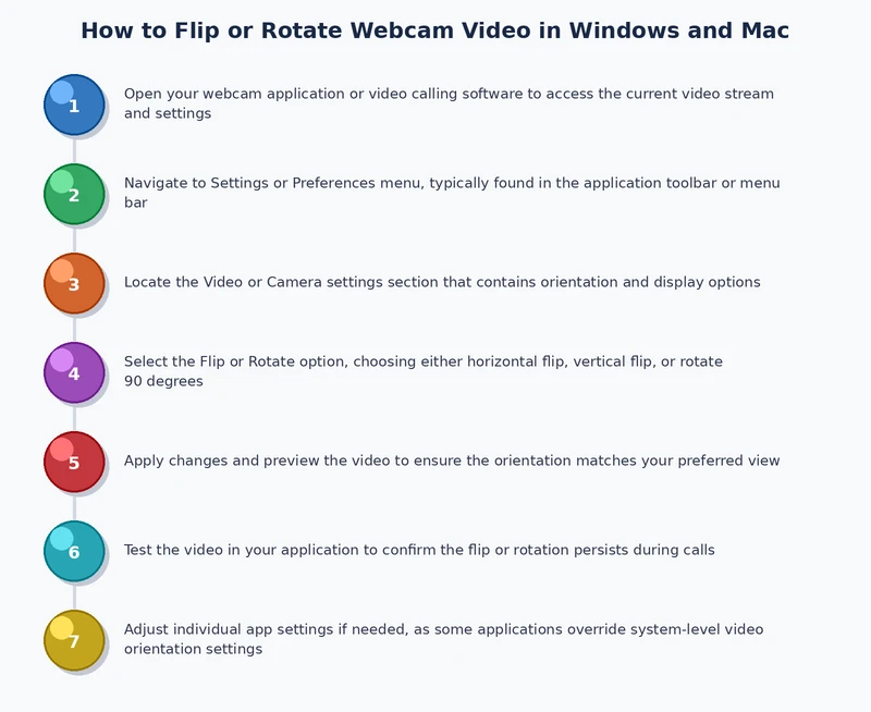 Step-by-step process diagram for fixing webcam flip on Windows and Mac using OBS Virtual Camera