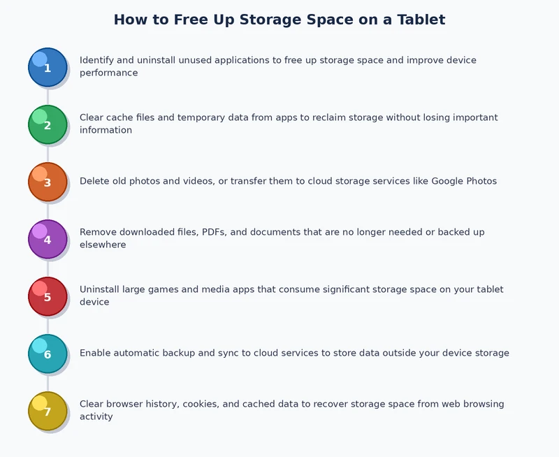 step-by-step process diagram for freeing storage space on a tablet