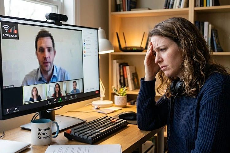 Person adjusting webcam settings on laptop to improve webcam quality on slow internet