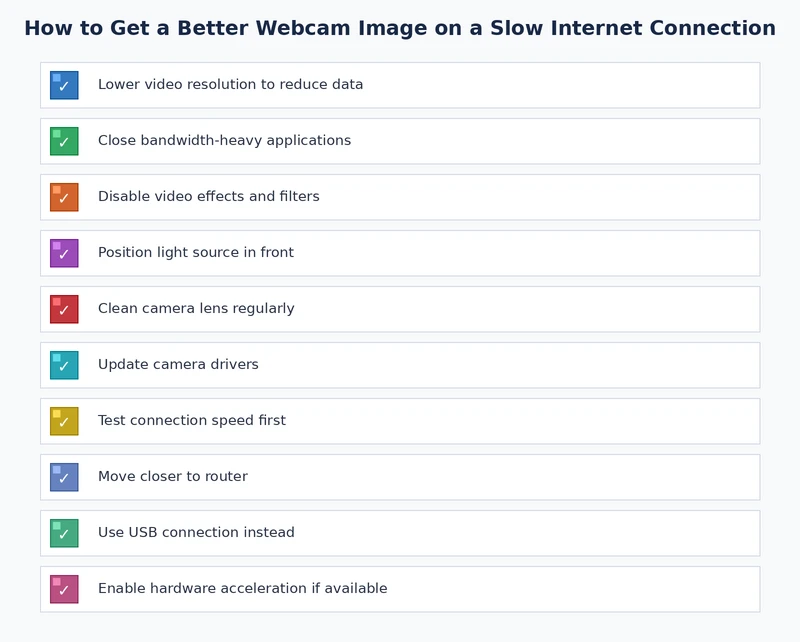 Checklist of steps to improve webcam quality on slow internet connections