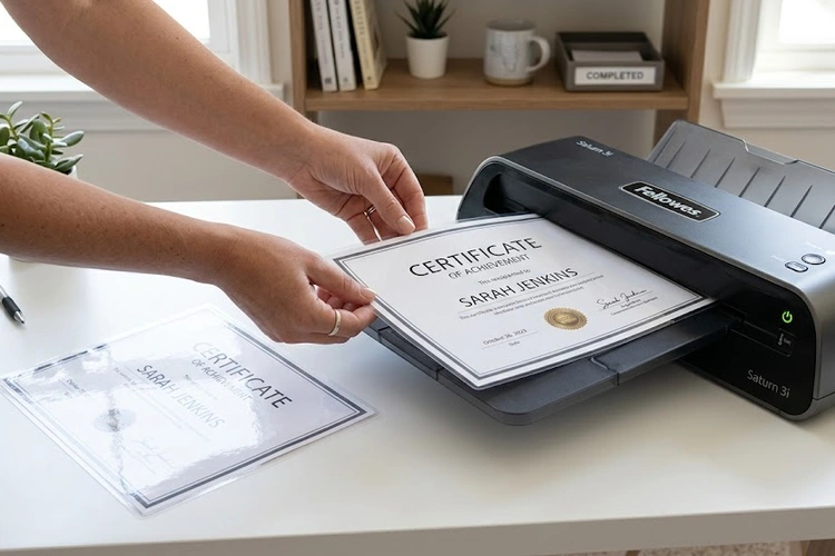 Hands carefully sliding a printed certificate into a laminating pouch before feeding it into a laminator machine. The finished laminated certificate sits nearby on a clean white desk, glossy and protected.
