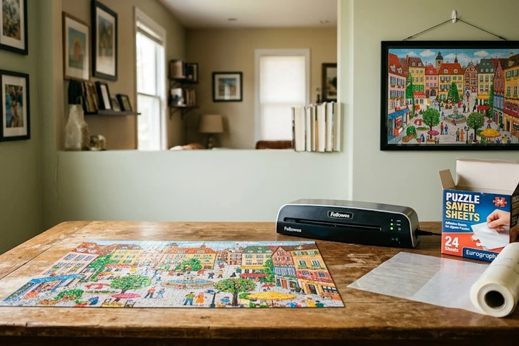 A completed colorful jigsaw puzzle laid flat on a table beside a laminator and a roll of puzzle saver sheets. The laminated finished puzzle is shown mounted and hanging on a wall in the background.