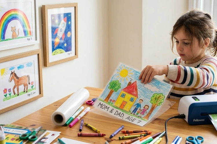 A child's colorful drawing being carefully inserted into a laminating pouch on a bright craft table. The finished laminated artwork hangs framed on a wall beside other preserved pieces.