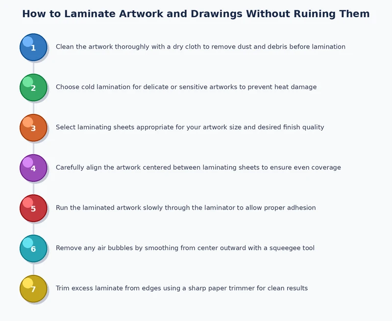 step-by-step process diagram for how to laminate artwork correctly using a pouch laminator