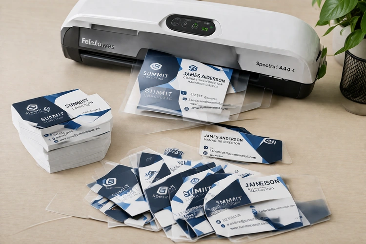 how to laminate business cards using a pouch laminator on a desk