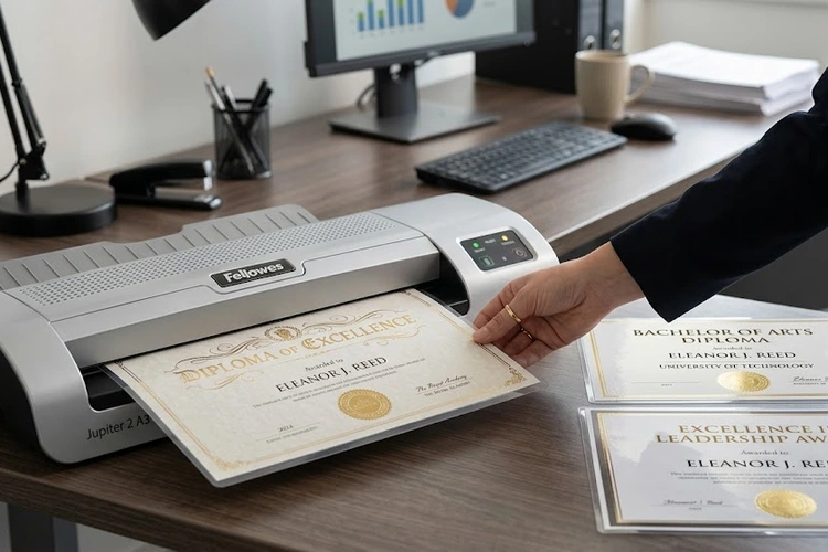 A formal certificate with gold foil lettering being gently fed into a laminator on a professional desk. A finished laminated diploma and award certificate are displayed neatly beside the machine.