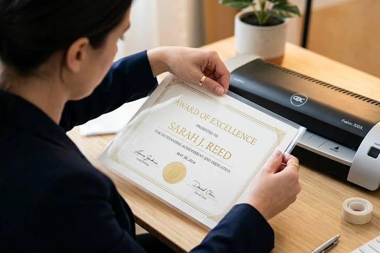 how to laminate certificates without bubbles — close-up of a bubble-free laminated certificate emerging from a pouch laminator