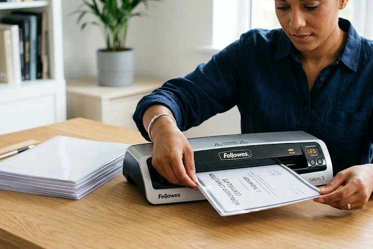 A close-up of a person carefully feeding a flat document into a laminator on a clean desk surface. A stack of neatly laminated, uncurled pages sits beside the machine.