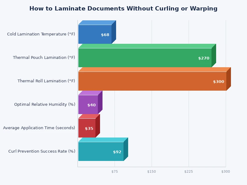 Bar chart comparing curling frequency by laminating pouch thickness and temperature setting