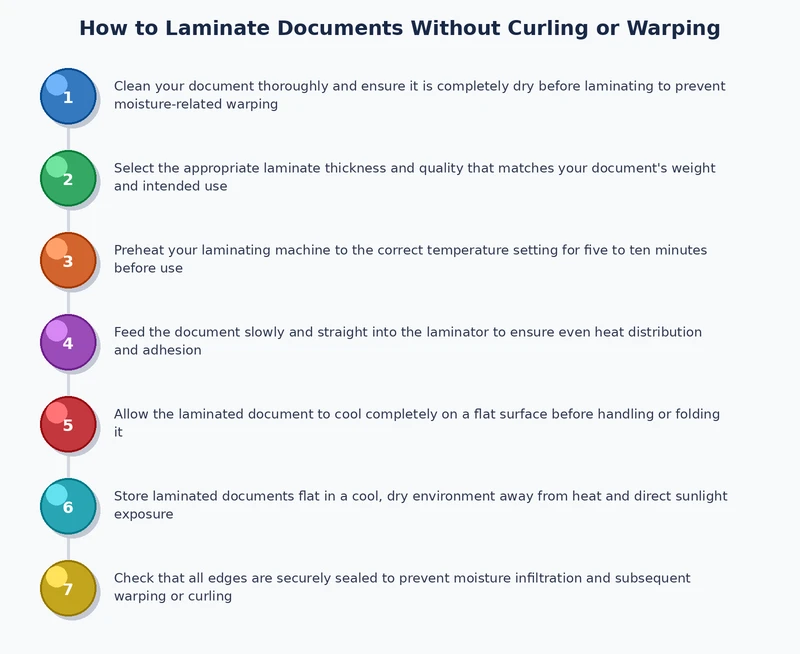Step-by-step process diagram for how to laminate without curling showing preparation, feeding, and cooling stages