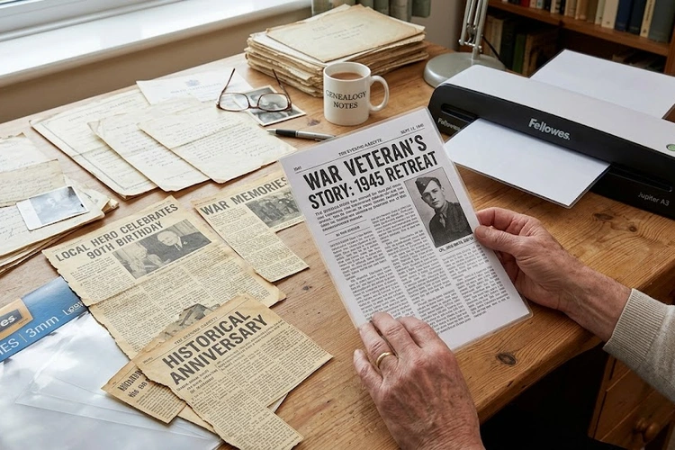Aged yellow newspaper clippings and old family documents laid out beside a laminator and protective pouches on a wooden desk. A finished laminated newspaper article is held up to show crisp, preserved text.